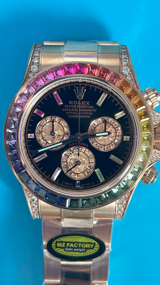 Rolex Daytona 'Rainbow' MZ SUPER CLONE Rose Gold Black Dial Sapphire Bezel